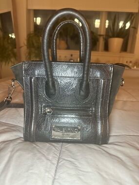 Valentino Black Leather Mini Tote with Silver Hardware
